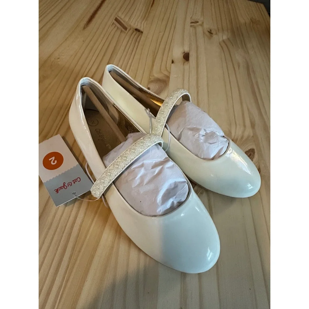 Cat & Jack Girls Cream Patent Mary Jane Ballet Flats Pearl Glitter Strap Size 2